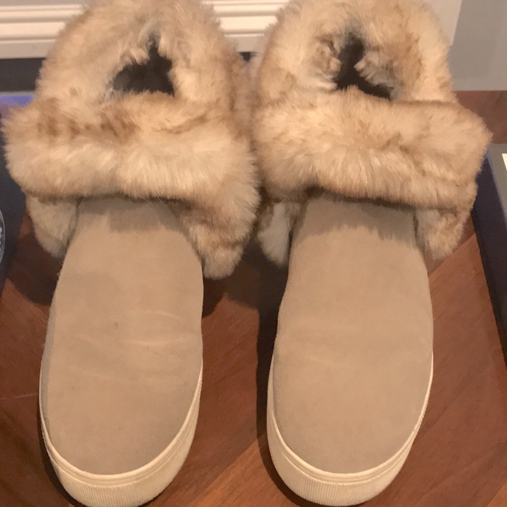 J Slides taupe suede faux fur lined boot/shoe, size 7, brand new in box